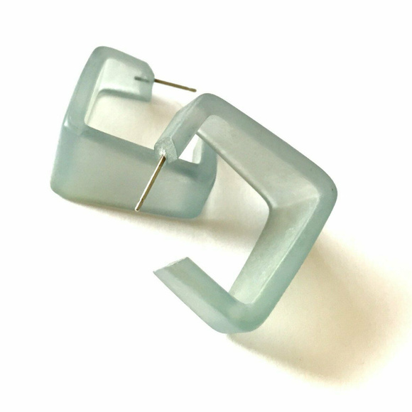 Light Teal Square Wide Cubist Lucite Hoop Earrings - Picture 1 of 6